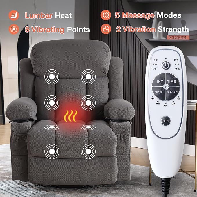 Power Lift Recliner Chair for Elderly with Vibration Massage and Lumbar Heating Electric Lift Recliner Single Sofa with Side Pocket Two Cup Holders and USB Charge Port for Living Room
