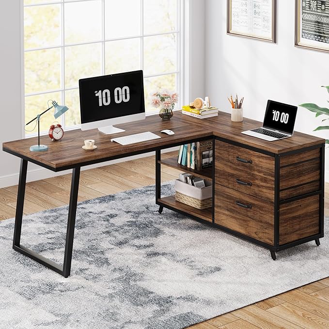 Tribesigns L-Shaped Computer Desk with 3 Drawers Reversible Corner Home Office Desk with Shelves 53-Inch Industrial PC Desk Study Writing Table Workstation for Small Space Rustic Brown