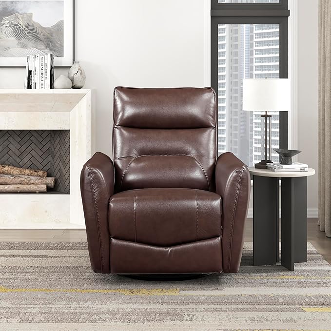 Lexicon Swivel Glider Reclining Chair Top Grain Leather Match Manual Recliner Comfy Nursery Glider Recliner Swivel Reclining Chair for Living Room/Office/Bedroom/Apartment Brown