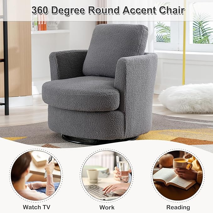 Swivel Barrel Chair 360 Degree Round Swivel Accent Chair for Living Room Modern Upholstered Accent ChairComfy Armchairs for BedroomNurseryBedroom Boucle Gray