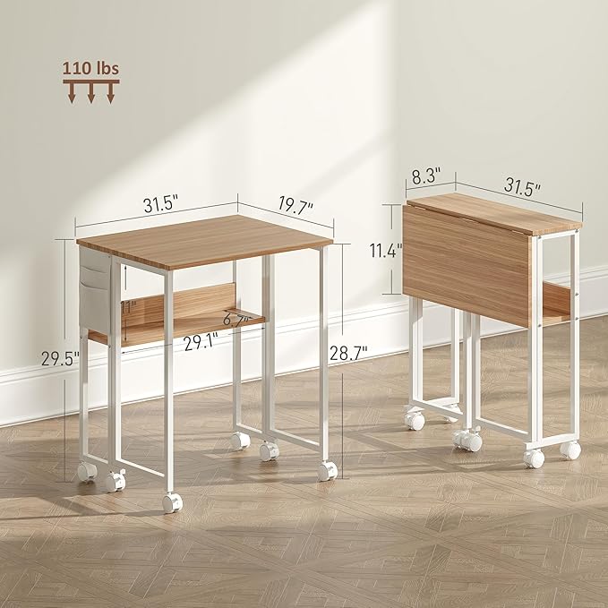 HOMCOM Small Folding Desk Rolling Computer Desk Foldable with Storage Bag and Shelf 31.5 Portable Writing Table on Wheels for Small Spaces Home Office Study Easy Assembly Natural Wood