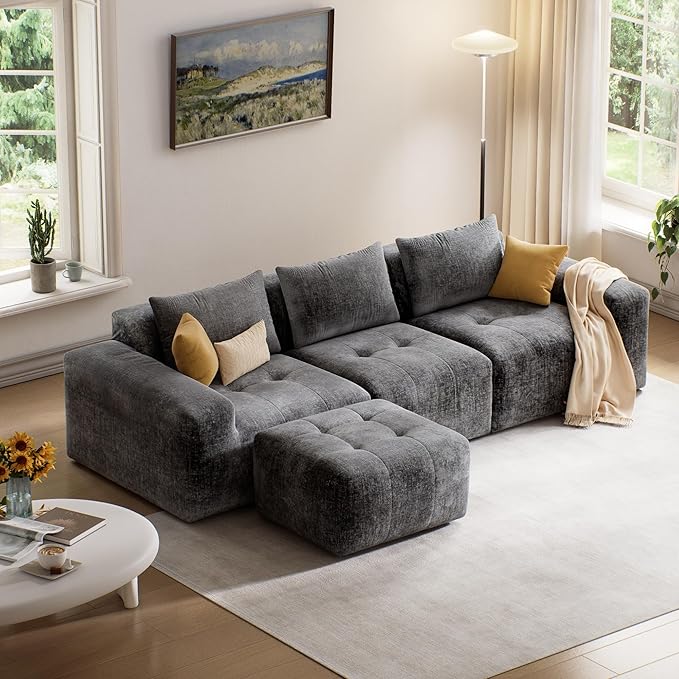 Maupvit 108 Modular Sectional Sofa Modern Cloud Couch L-Shaped Convertible Sleeper Sofa Bed with Movable Ottoman Deep Seat Boneless Comfy 3 Seater Couches for Living Room Grey | Breathable materia