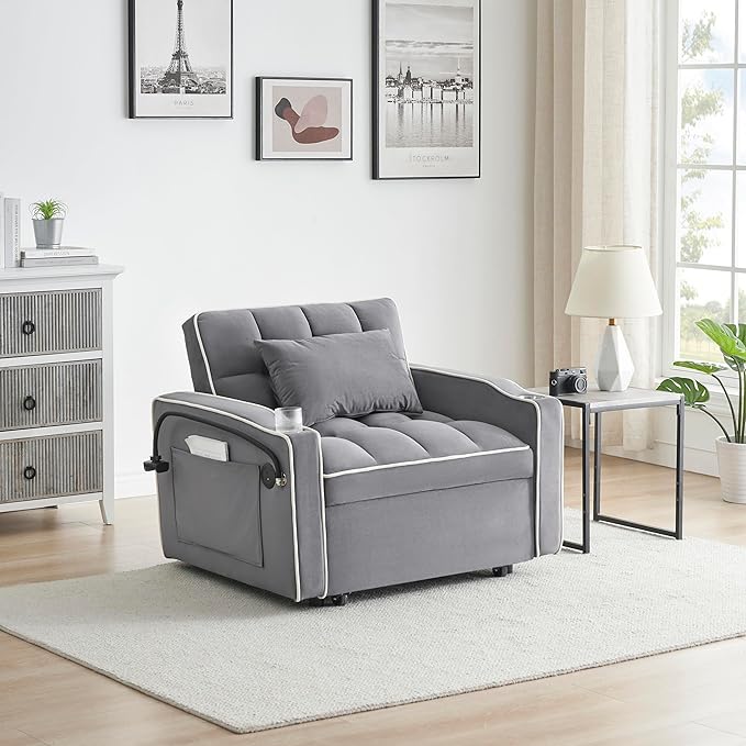 3-in-1 Convertible Sleeper Sofa Bed Chair with Cup Holders &amp Phone Holder Futon Chair Bed with Pull Out Couch Adjustable Backrest Modern Velvet Chaise Lounge for Living Room Bedroom (Grey 35.43