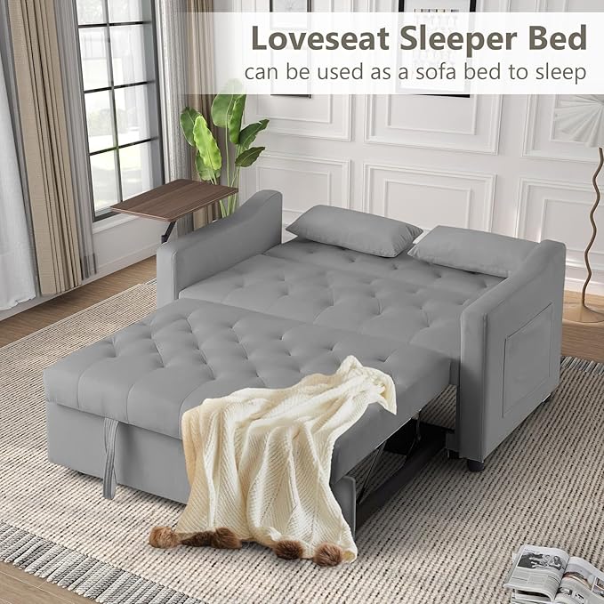 3 in 1 Loveseat Sleeper Adjustable Backrest Convertible Sofa Bed Small Pull Out Couch with 360° Rotating Side Table for Living Room Apartment Bedroom Grey