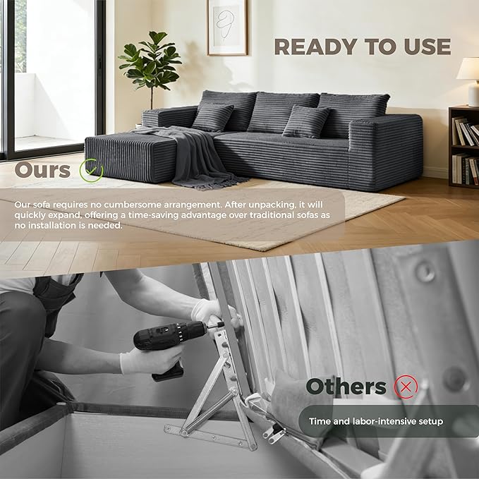 106 Corduroy Boneless Modular Sectional Sofa Cloud-Louch Deep Seat Sofa with Left Chaise for Living Room &amp Bedroom（L-Shaped Left Hand Facing ）