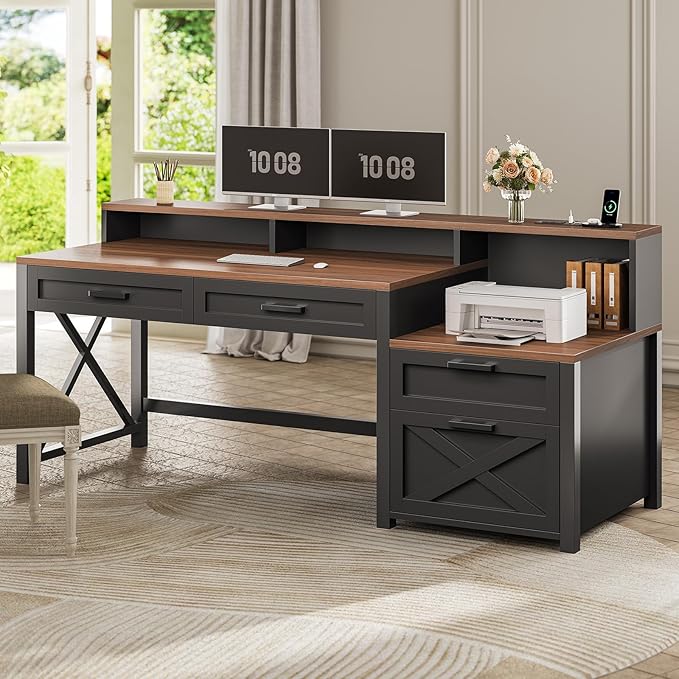 SEDETA Farmhouse Home Office Desk with File Drawer &amp Power Outlet Computer Desk with 4 Drawer Storage Shelves Printer Cabinet and Monitor Shelf Gaming Desk with Led Lights Black Brown