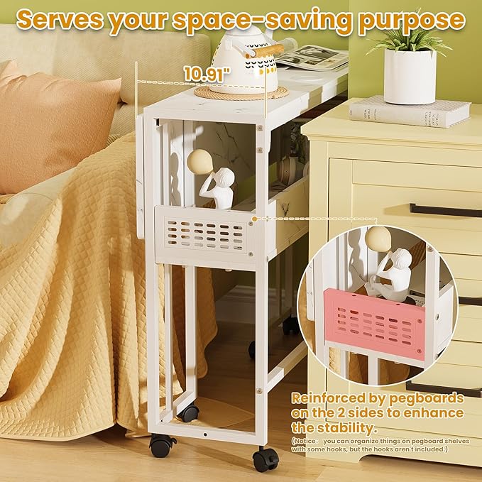 Gezen Folding Desk with Storage Shelf Mobile Couch Desk Sofa Side Table Bed for Home Office Small Space White Marble 31.5