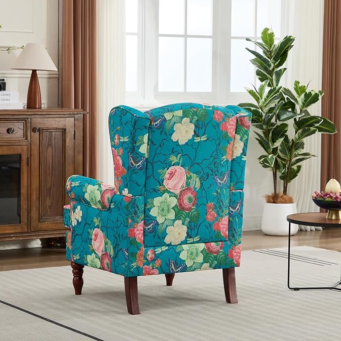 Chifee &amp Vingol Wingback Chair High Back Armchair Upholstered Living Room Chairs Comfy Single Sofa ChairCyan