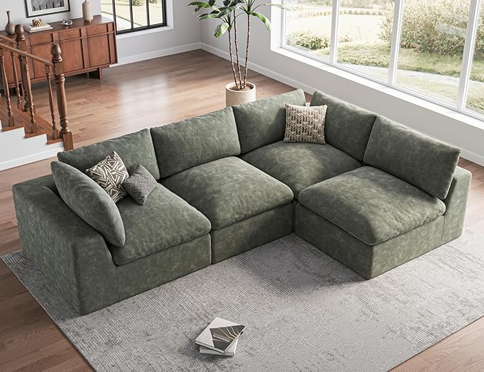120 Cloud Sectional Couch | Oversize Boneless Couches for Living Room | 4 Seater Modern L-Shape Sofa | Green