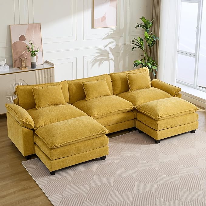 IPKIG 117 Sectional Sofa Cloud Couch Modern Chenille U-Shaped Couch Comfy Upholstered 3-Seat Sofa with 2 Ottoman 3 Lumbar Pillow Deep Seat Modular Sofa for Living Room Apartment Studio Yellow |