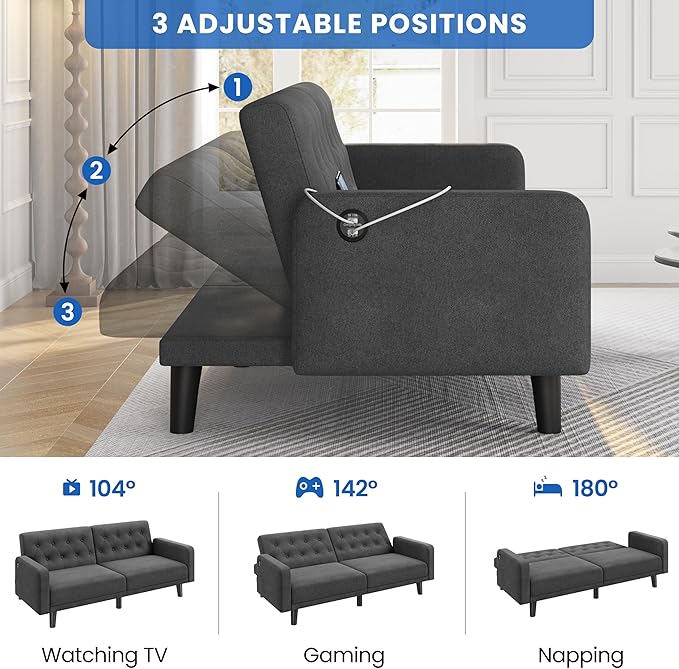 Yaheetech 63 Convertible Couch Small Futon Sofa Bed with 2 USB Ports Reclining Backrest &amp Removable Armrests Mid Century Modern Loveseat for Living Room Apartment Office Dark Gray