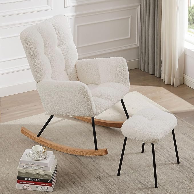 Modern Rocking Chair with High Backrest Armrests Ergonomic Design Lounge Recliner Chair for Living Room Bedroom Playroom Beige with Soft Seat