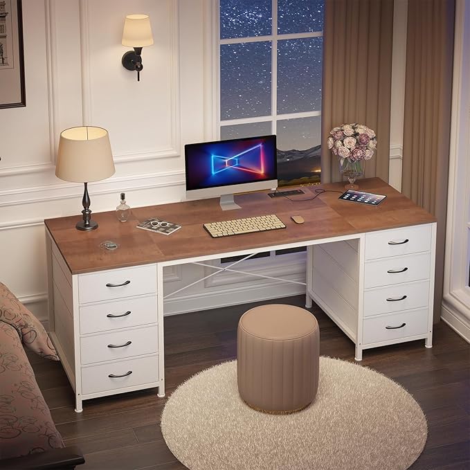60 Inch Computer Desk with 8 Drawers Home Office Desk with Power Outlets Work Study Gaming Desk with 8 Fabric Drawers Brown and White