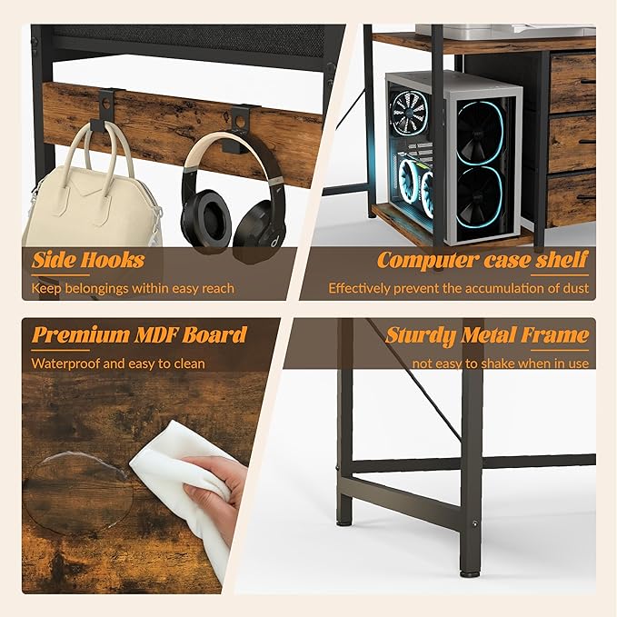 YOSHOOT 60 Computer Desk with 5 Fabric Drawers - Gaming Desk with Storage and Power Outlets Home Office Desk for Adults and Teenagers Working Writing Study Rustic Brown