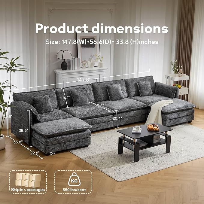 147.8 U Shaped Modular Sectional Sofa Comfy Cloud Couch with Movable Ottoman Deep Seat Modular Sofa Sectional Couches for Living Room Bedroom Apartment (Grey)