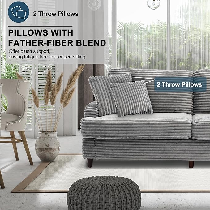 80 Inch 2 Sets Sofa Couch Comfy Love Seat Couches for Living Room Mid Century Modern Oversized Two Seater Couch Plush Corduroy Deep Seat Sofas for Bedroom Small Space Apartment Light Grey