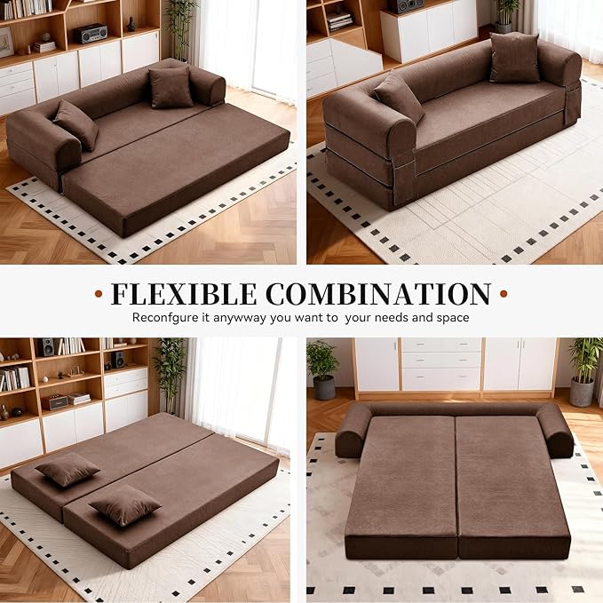 4-in-1 Folding Convertible Sofa Bed 78 Inch Faux Leather Boneless Couch Loveseat Sleeper with Pull Out Bed Floor Sofa Modular Futon Teddy Sofa for Living Room Bedroom Lounge Brown