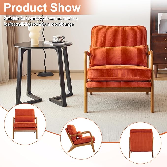 Karl home Mid-Century Modern Accent Chair Living Room Chairs with Pillow Corduroy Upholstered Lounge Armchair with Solid Wood Frame &amp Soft Cushion for Bedroom Reading Room Orange