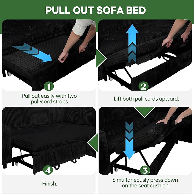 Oversized Sectional Couch U Shaped Corduroy Couch for Living Room Sectional Sleeper Sofa with Pull Out Bed Convertible Sofa Bed for Living Room Bedroom and Apartment Black