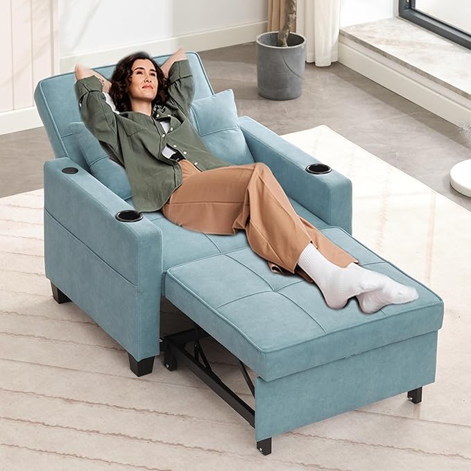 Modern Convertible Sleeper Sofa Bed 3-in-1 Adjustable Futon Couch with Storage &amp Removable Armrests for Apartment Studio Office Small Spaces (Blue)