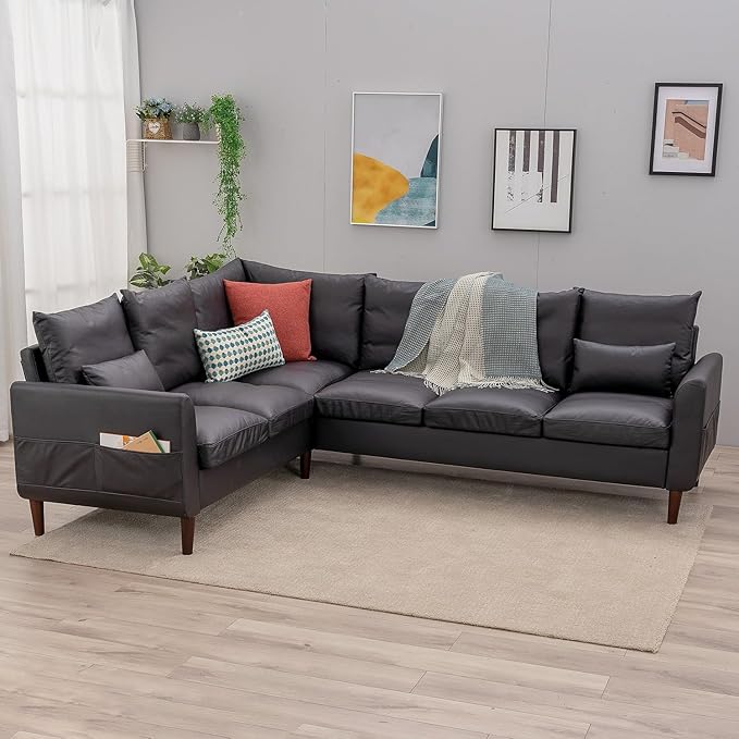 Panana 6 Seater Corneer Sofa 3 Seater &amp 2 Seater L Shaped Couchwith Curved Armrest Pockeys Solid Wood Legs Sectional Setee (Black Faux Leather 6 Seater L Shape Corner Sofa)