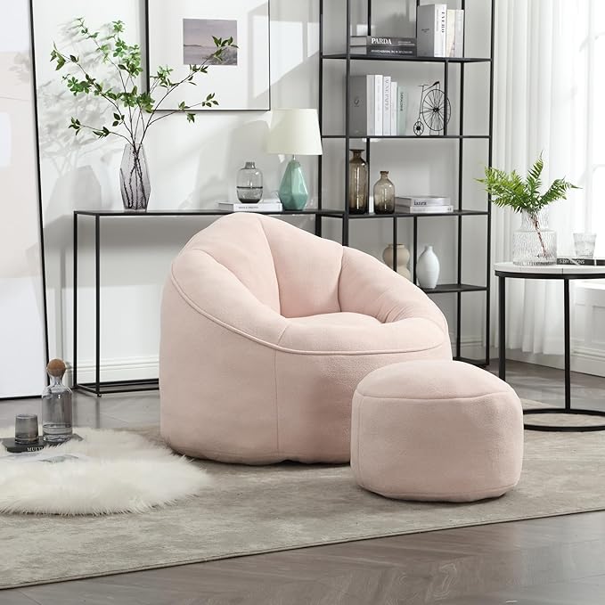 Small Bean Bag Chairs for Adults Single Sofa Chair with Ottoman Footrest Bean Bag Couch for Teens with Foam Filler Included Comfy Soft Lazy Sofa for Small Space/Living Room/Bedroom/Study
