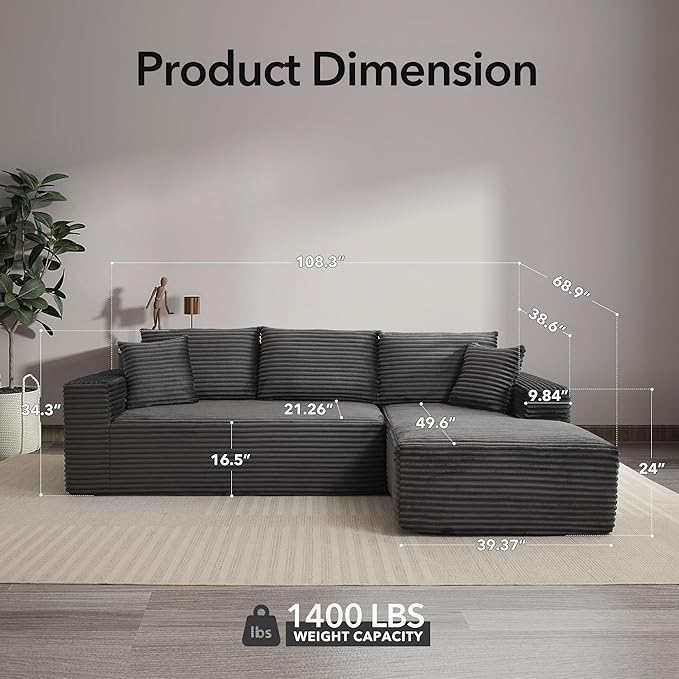 108 Cloud Sectional Couch with L-Shape Chaise Modern Modular Sofa with Deep Seat Boneless Cloud Couches for Living Room Bedroom No Assembly Required Plush Corduroy (Dark Gray Right Facing Chaise