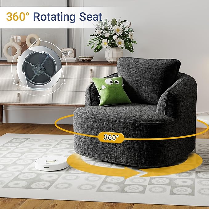 36 Swivel Barrel Chair 360° Rotating Accent Chair with Plush Chenille Upholstery Ergonomic Back &amp Boneless Comfort for Living Room Bedroom Office No-Assembly Charcoal Black
