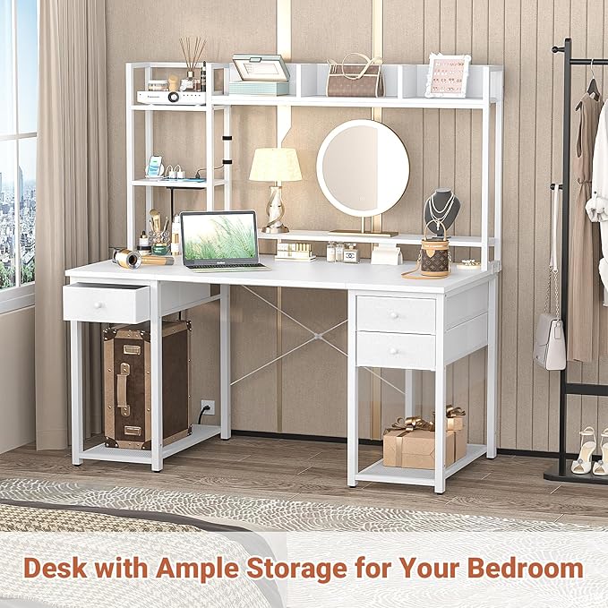 Aheaplus Desk with LED and Outlets Gaming Desk with Hutch 47.2'' Computer Desk with Drawers Reversible Office Desk with Storage Bookshelf Large Workstation Desk with Shelf Desk for Home White