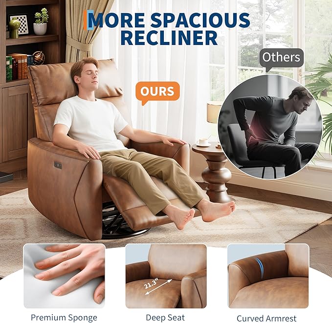 Power Recliner Chair 270° Swivel Glider with USB Charging Port Large PU Leather Seat Wide 22.4 Ergonomic High Back for Living Room Nursery (Power Walnut)
