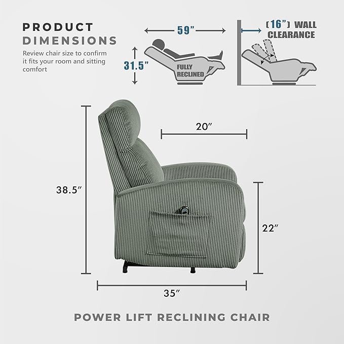Lexicon Power Lift Recliner Chair for Elderly with Remote Control Gentle Lift Motion Side Pocket Armrest Corduroy Upholstered Electric Recliner for Living Room/Bedroom Easy Assembly Green