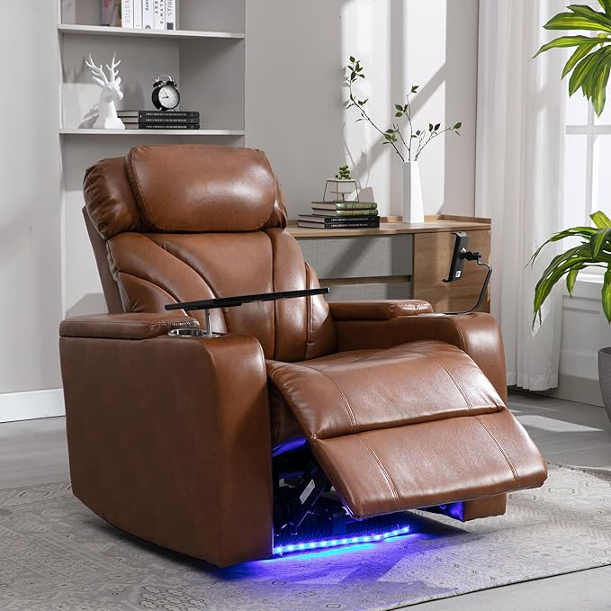 Power Motion Recliner Electric Power Recliner with Hidden Arm Storage Cup Holder Phone Holder Tray Table Faux Leather Rocker Chair for Small Spaces (Light Brown/78)