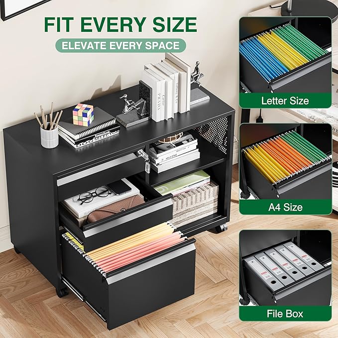 3 Drawer File Cabinet with LockMobile Lateral Filing Cabinet with Side Hook for Letters/Legal/A4 Metal Printer Stand Storage Cabinets with Shelves for Home Office(Black)