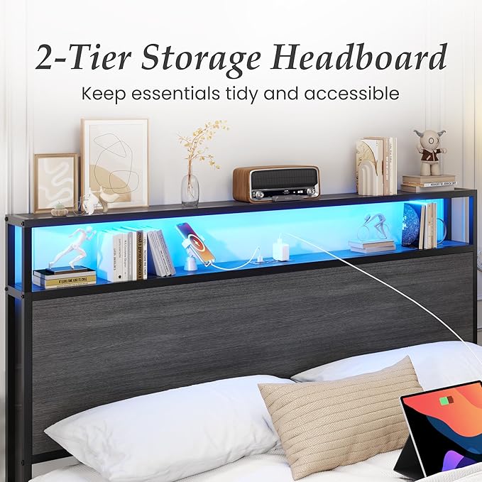 Lifezone Queen Bed Frame with 2-Tier Storage Headboard Metal Bed Frame with Storage Drawers &amp Built-in Charging Station &amp LED Noise-Free No Box Spring Needed Easy Assembly Rustic Grey