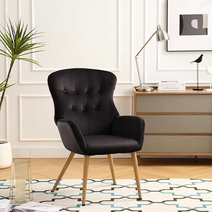 Generic Accent Chair Modern Tufted Button Wingback Vanity Chair with Arms Upholstered Tall Back Desk Chair with Metal Legs for Living Room Bedroom Waiting RoomBlue