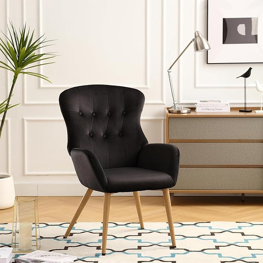 Generic Accent Chair Modern Tufted Button Wingback Vanity Chair with Arms Upholstered Tall Back Desk Chair with Metal Legs for Living Room Bedroom Waiting RoomBlue