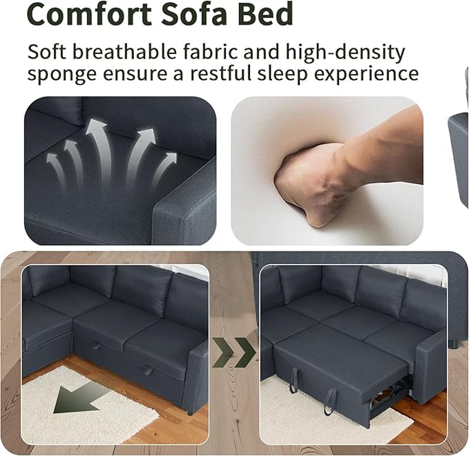 Sectional Sleeper Sofa with Pull Out Bed L Shaped Pull Out Couch with Storage Chaise 5 Seats Convertible Couch Bed for Apartment Living Room Dark Gray