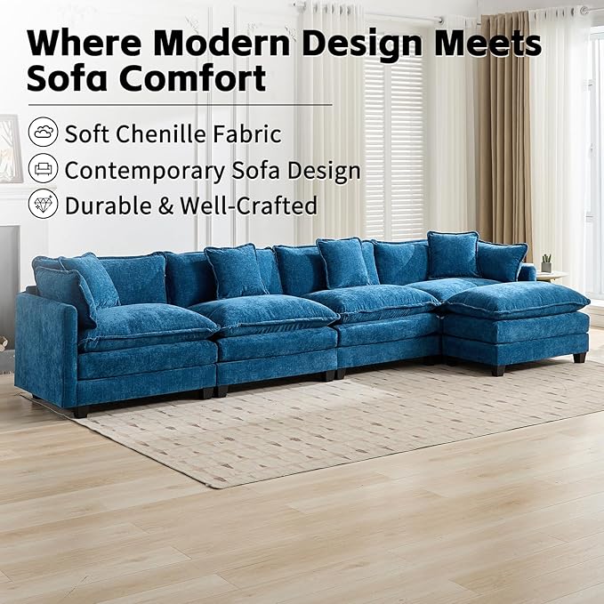 146.5 L Shaped Couch Modular Sectional Sofa Comfy Chenille Cloud Couch with Movable Ottoman and Pillow Modern 4-Seater Deep Seat Sofa for Living Room (BlueL Shaped Sofa)