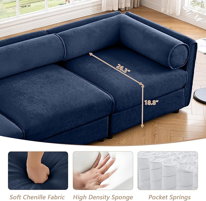 Oversized Modular Sectional Sofa 142.5 Chenille U-Shaped Sofa with Cylindrical Backrest &amp Armrest Modern Comfy 4-Seat Sofa with 2 Ottoman Upholstered Deep Seat Couch for Living Room Blue
