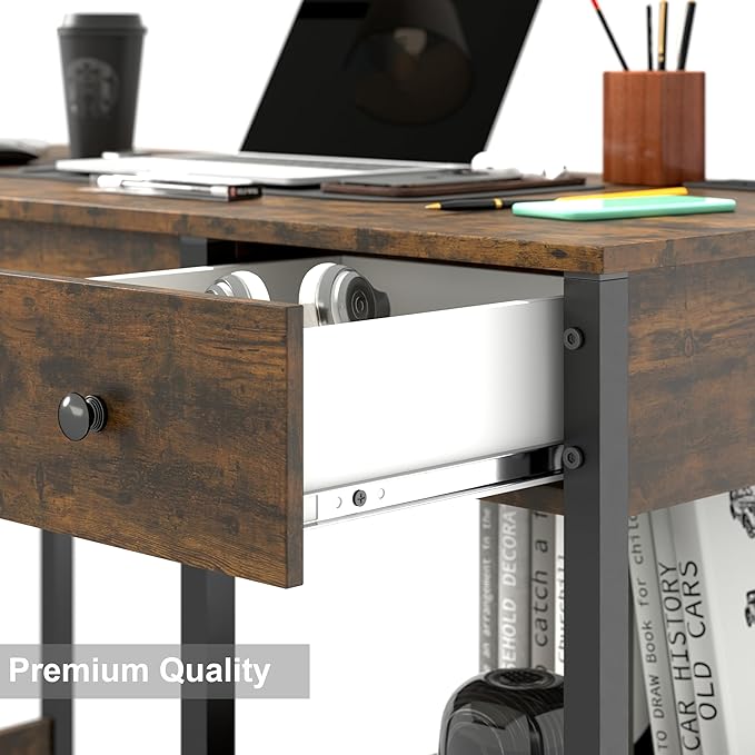 Manora 43 Inch Computer Desk with Drawers and Power Outlet Home Office Computer Tables for Laptop with Open Shelves Small Desk for Small Spaces Rustic Brown