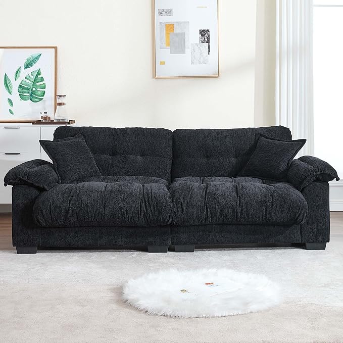 90.55 Black Loveseat Sofa for Living Room Cloud Couch Deep Sectional Sofa for Small Spaces 2 Seater Small Loveseat with Wide Armrest Pillows Comfy Sleeper Sofa Bed Black