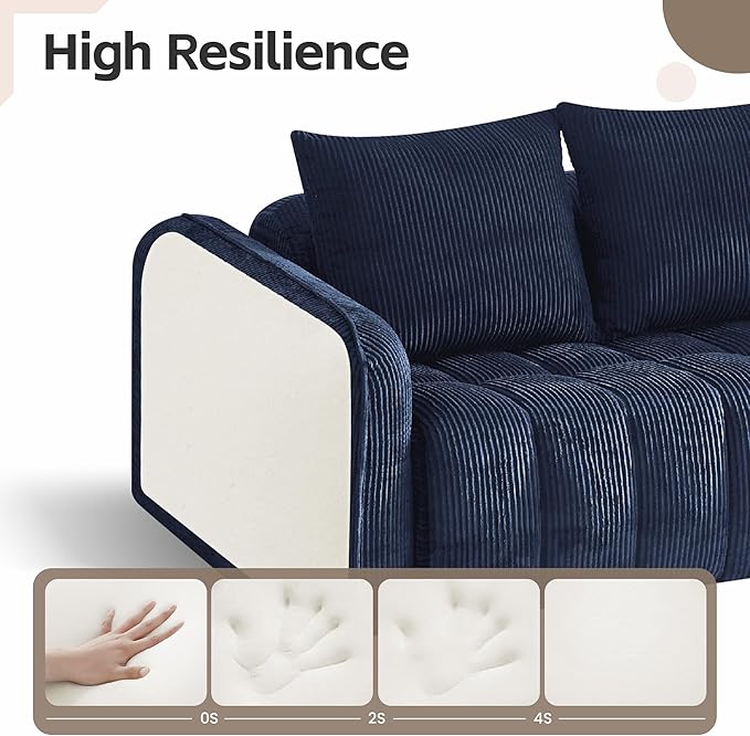 66 Loveseat Sofa Cloud Boneless Couch for Living Room Upholstered Compressed Sofa Deep Seat Corduroy Sofa with 2 Pillows &amp Armrests for Small Spaces for Bedroom Apartment Office Blue