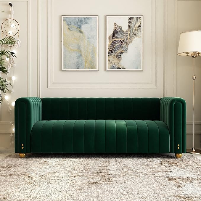 Emerald Green Velvet Couch 80 Inch Wide Mid-Century Modern Tufted Upholstered Sofa with Golden Leg 3 Seat Big Comfy Couch for Living Room