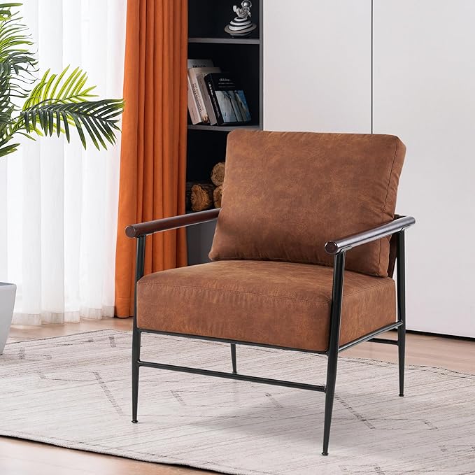 MCombo Modern Accent Chairs Armchair with Upholstered Cushion Leathaire Fabric Lounge Chairs for Living Room 4748 (2 Saddle)