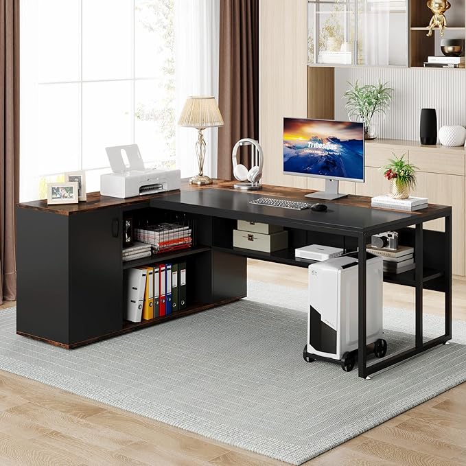Tribesigns 71 inch Executive Desk L Shaped Desk with Cabinet Storage Executive Office Desk with Shelves Business Furniture Workstation for Home Office Brown and Black