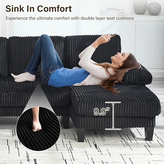 114.2W U-Shaped Sectional Sofa for Living Room Corduroy U-Shaped Couch with Double Chaises 4-Seater Comfy Cloud Sofa for Home Furniture Office &amp Small Space (Black)