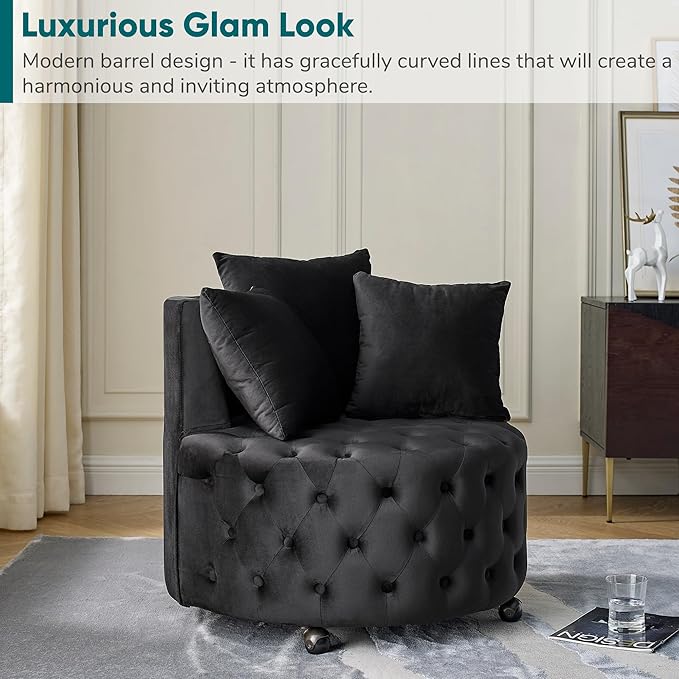 JOYBASE Swivel Barrel Chair With 3 Pillows - Round Accent Armchair Cozy Comfy Lounge Seat Modern Circle Club Sofa for Living Room Bedroom (Black Velvet)