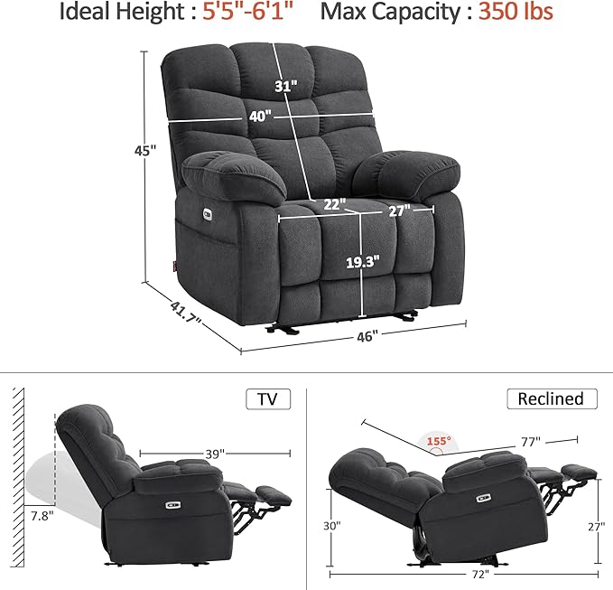 MCombo 27'' Oversized Recliner Power Recliner Chair for Big and Tall Zero Gravity Recliner with USB Charge Ports Side Pockets for Living Room Fabric PR677 (Dark Grey)