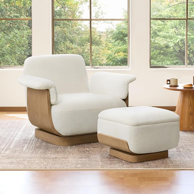 CHITA Fabric Swivel Chair with Storage Ottoman Modern Living Room Accent Chair with Lounge Seat for Bedroom Office Cream