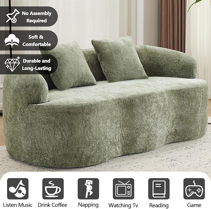 67 Curved Loveseat Sofa with 2 Pillows Boneless Curved Couch with Round Armrest Cloud Sofa for Living Room Bedroom Small Spaces Teddy Modern Compressed No Assembly (Antique Green)